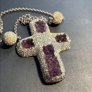 Sterling silver cross diamond and stone necklace